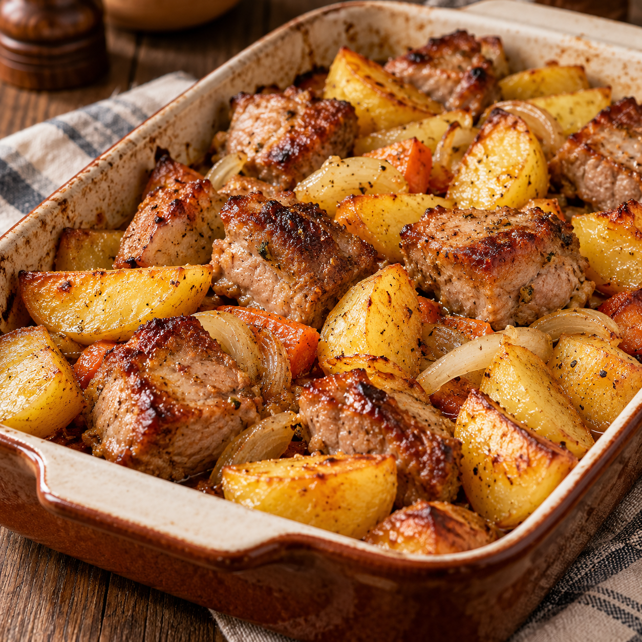Кусочки запечённой свинины с картофелем, морковью и луком в форме