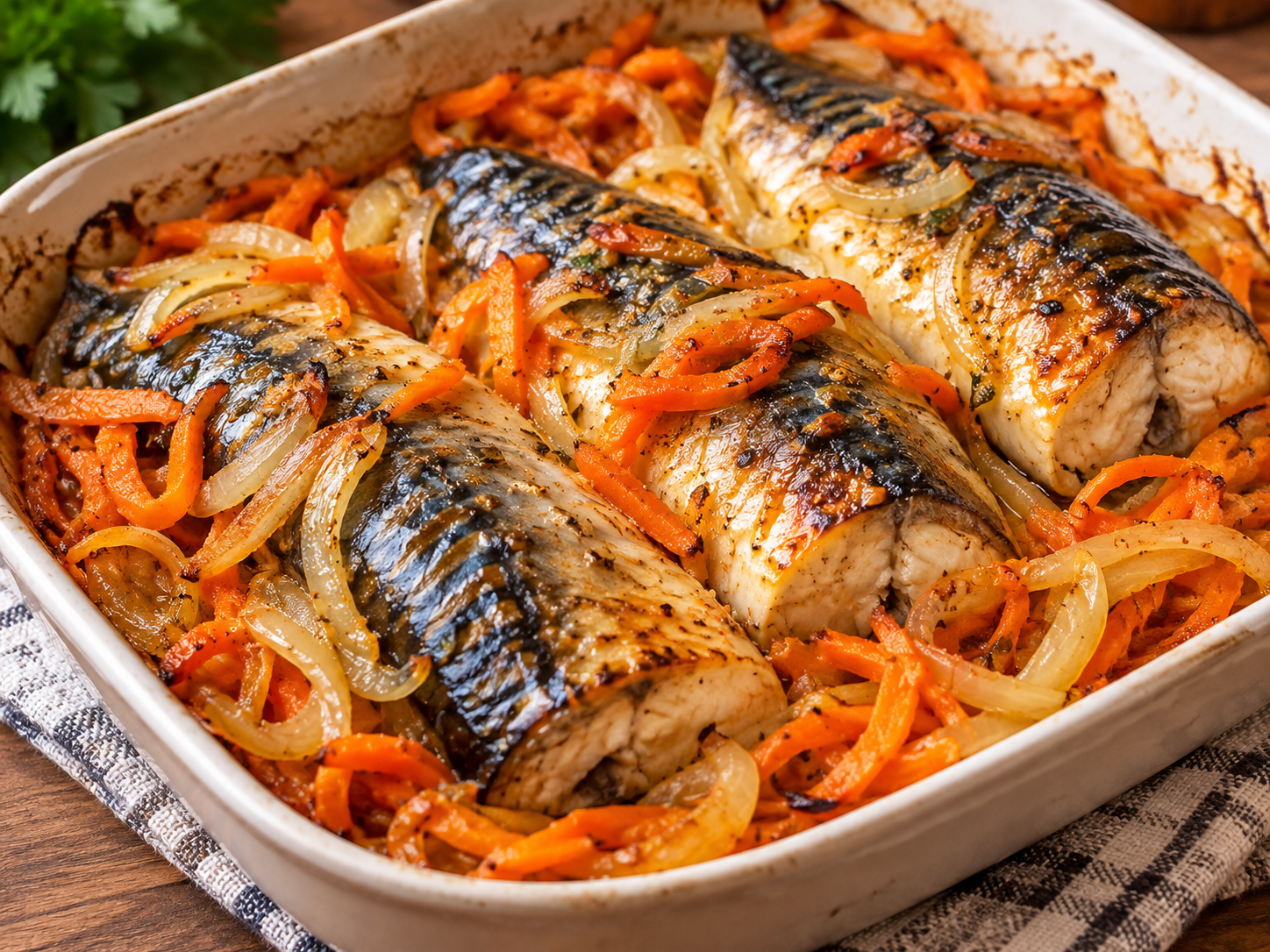 Запечённая скумбрия целиком на подушке из моркови и лука