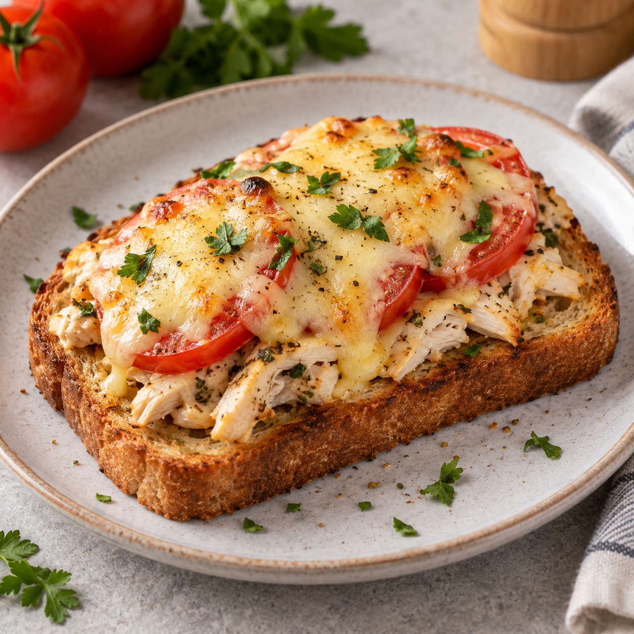 Тост с курицей, помидором и сыром