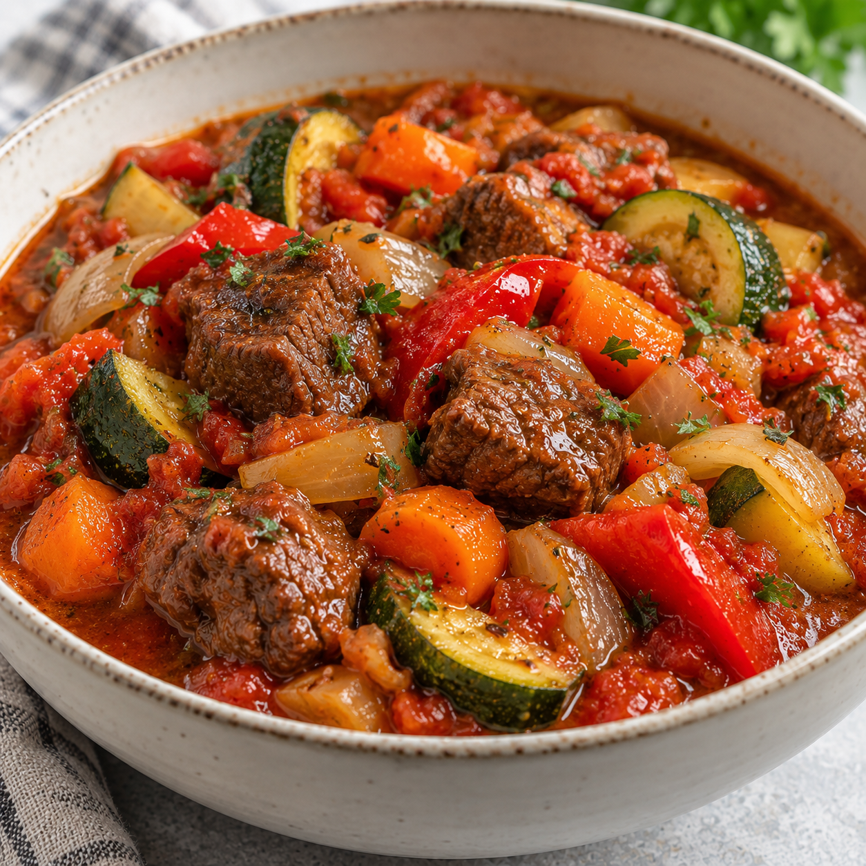 Тушёная говядина с кабачком, сладким перцем и морковью