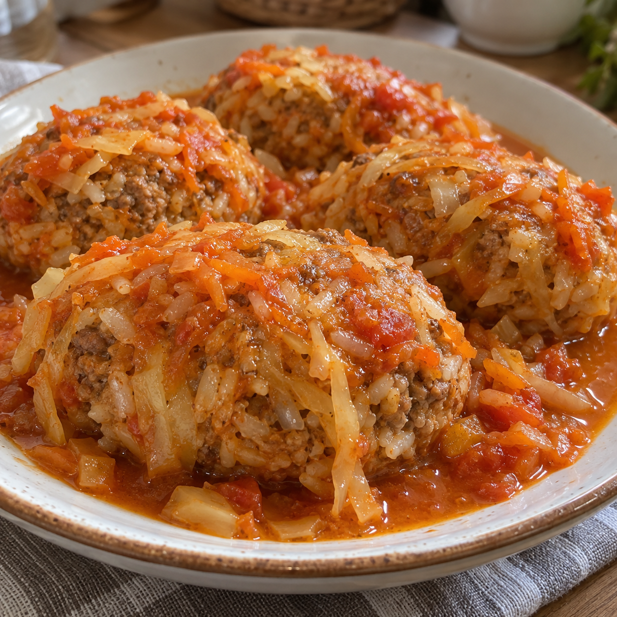 Ленивые голубцы с говядиной, капустой и рисом в томатной подливе