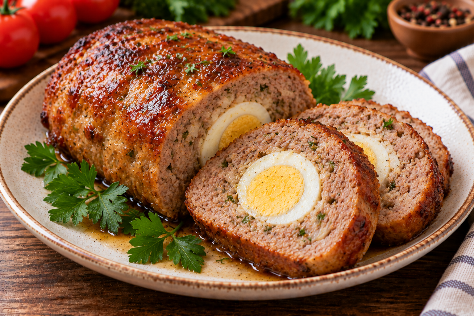 Нарезанный мясной рулет из говядины с варёным яйцом внутри